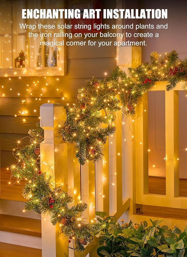 Minetom Solar String Lights for Outside, 6 Packs Total 198Ft 600 LED Outdoor Solar Fairy Lights, 8 Modes Balcony Lights for Tree Patio Christmas Party Wedding Decor (Warm White)