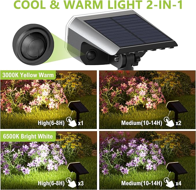 DAMINY Solar Spotlights Outdoor Waterproof IP65,2 CCT(Warm White & Cool White),4 Lighting Modes Solar spot Lights for Yard,Garden,Pathway,Landscape,Auto On/Off-6 Pack
