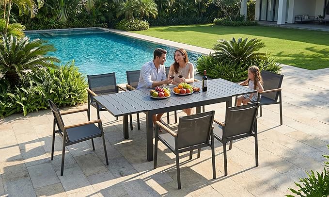 Outdoor Aluminum Patio Dining Table Set for 6-8 Person, Expandable Outdoor Table and 6 Chairs with Textilene Fabric & HDPS Armrest, All-Weather Patio Furniture Set for Yard, Garden, Gray