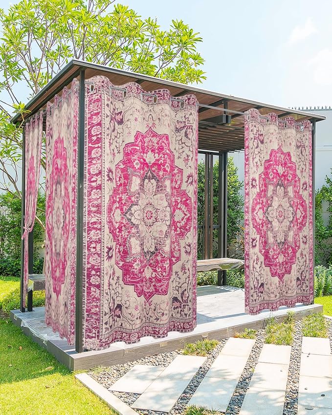 Pink Bohemian Outdoor Curtains for Patio Waterproof, Grommet Privacy Curtain Drapes Weatherproof Outside Curtains for Porch GazeboPergola Cabana 2 Panel 54x108inch Medallion Floral Geometric Printed