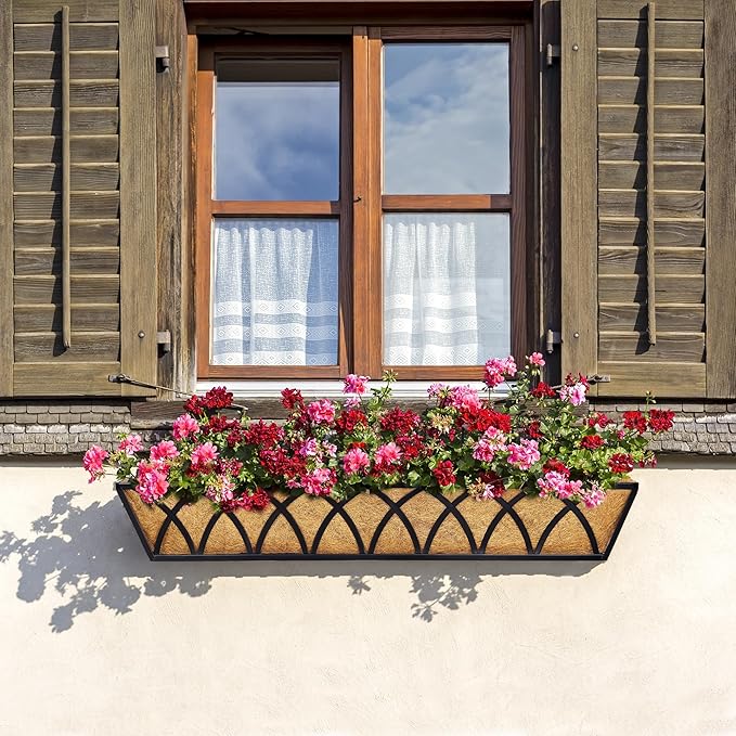 6pcs 30 Inch Window Deck with Coco Liner, 30" Window Boxes Horse Trough with Coconut Coir Liner, Metal Hanging Flower Planter Window Basket Deck Railing Planter Boxes for Outdoor Indoor Lawn