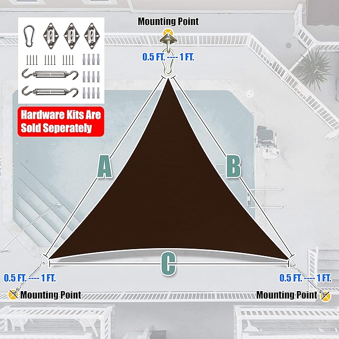 Amgo 16' x 16' x 16' Brown Triangle Sun Shade Sail UPF50+ Canopy Awning AGSLT, 95% UV Blockage, Water & Air Permeable, 200GSM Heavy Duty Commercial and Residential (We Make Custom Sizes)
