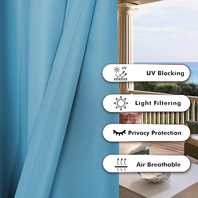 BONZER Extra Wide Waterproof Outdoor Curtains for Patio Heavy Privacy Light Filtering Grommet Outside Curtains for Porch, Pergola, Gazebo, 1 Panel, 150W x 108L inch, Teal