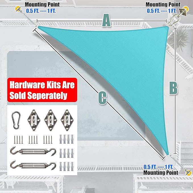Amgo Custom Size 8' x 12' x 14.4' Turquoise Triangle Sun Shade Sail UPF50+ AGTAPRT12, Order to Make Canopy Awning, 95% UV Blockage, Water & Air Permeable, Commercial Standard (We Customize)