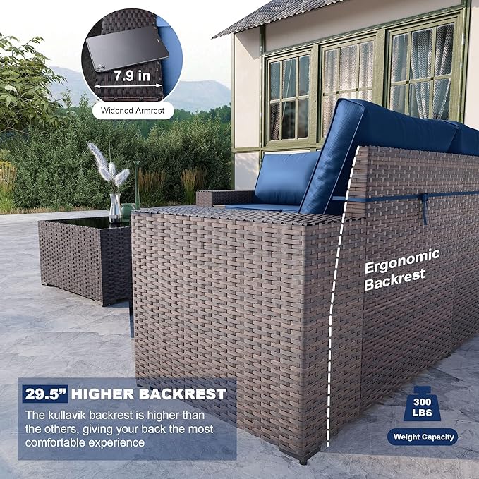 Kullavik 6PCS Outdoor Patio Furniture Set PE Wicker Rattan Sectional Sofa Patio Conversation Sets,Navy Blue