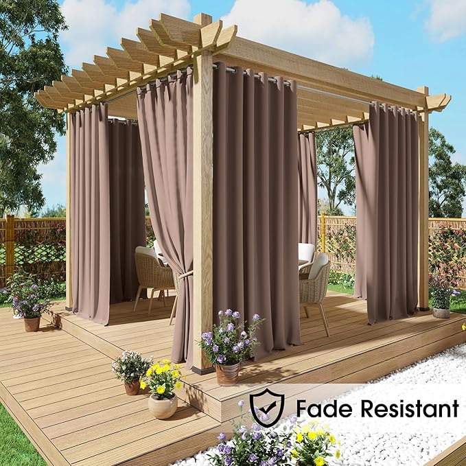 NICETOWN Fade Resistant Outdoor Curtains for Patio, Grade 4 Color Fastness Fade-Proof Waterproof Curtains for Gazebo UV Protection, 2 Panels Thermal Longlasting Blackout Shades, W52 x L84, Tan
