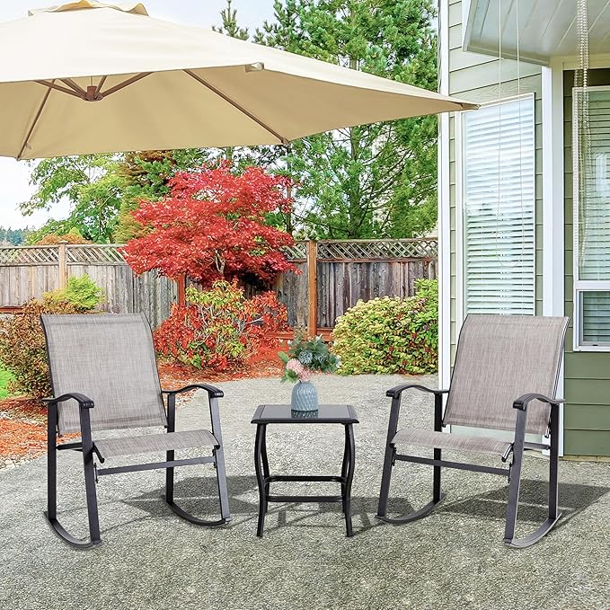 Vongrasig 3 Piece Outdoor Rocking Bistro Set, Textilene Fabric Small Patio Furniture Set, Front Porch Rocker Chairs Conversation Set with Glass Table for Lawn, Garden, Balcony, Poolside (Taupe)