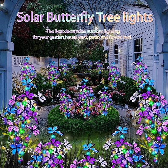 Solar Garden Lights Outdoor, Waterproof 4 Pack Solar Butterfly Lights with 60 LED 12 Butterfly Colorful Lighting for Garden Yard Lawn Outdoor Decor, Gift for Mom Women Mother's Day