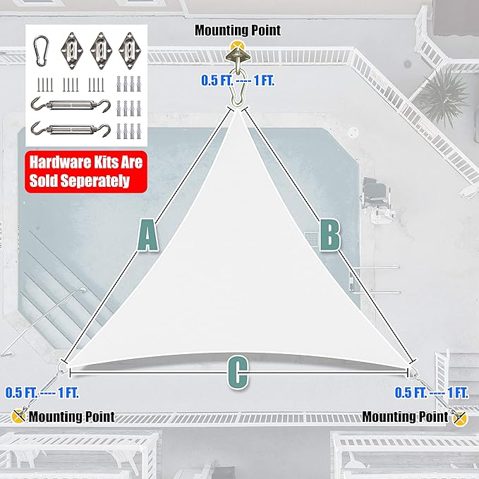 Amgo Custom Size 23' x 23' x 23' White Triangle Sun Shade Sail Order to Make Canopy Awning UPF50+ AGSLT, 95% UV Blockage, Water & Air Permeable, 200GSM Commercial Standard (We Customize)