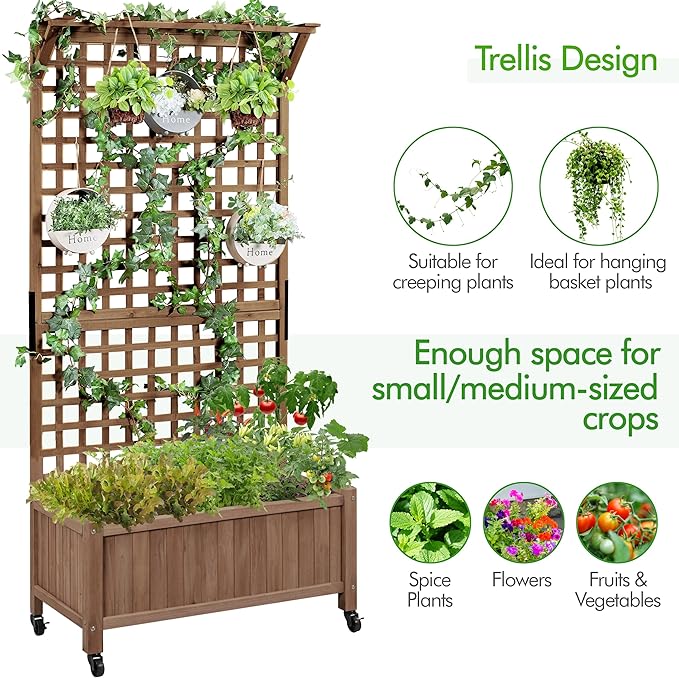 Yaheetech 72" H Garden Planter with Trellis for Vine Climbing Horticultural Plants, Outdoor Raised Box with Drainage Holes, Raised Garden Bed for Flowers, Dark Brown, 2pcs