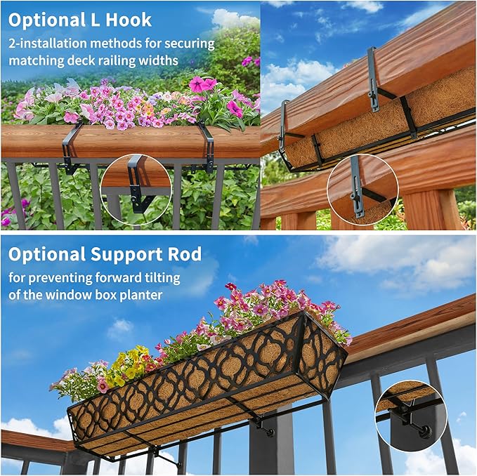 HFHOME 24 Inch Window Deck with Coco Liner, 24" Window Boxes Horse Trough with Coconut Coir Liner, Black Metal Hanging Flower Planter Basket Railing Planter for Outdoor Indoor Lawn - 4 Pack