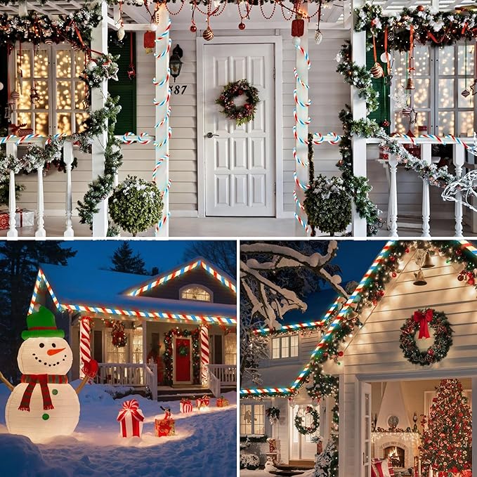 Jnaurb Christmas Candy Cane Lights, 66ft 480 LED Connectable White & Red & Blue Candy Cane Rope Lights for Outside, 8 Modes Waterproof LED Christmas Light for Garden Patio Tree Holiday Party Decor