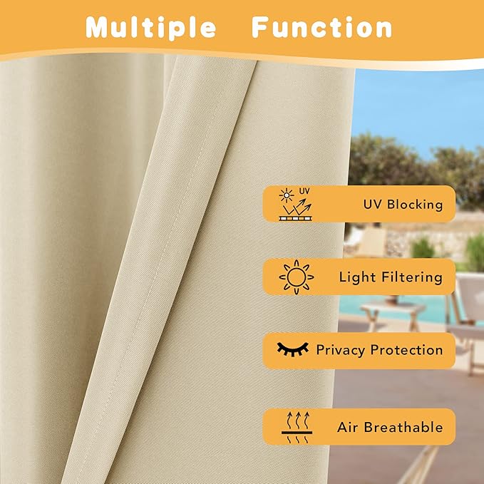 HolidayIdeas Outdoor Curtains for Patio Waterproof, 4 Panels - 84 x 95 Inch - Privacy Protection & Light Filtering Curtains Grommet Outside Curtains for Porch, Gazebo, Pergola, Backyard (Cream)