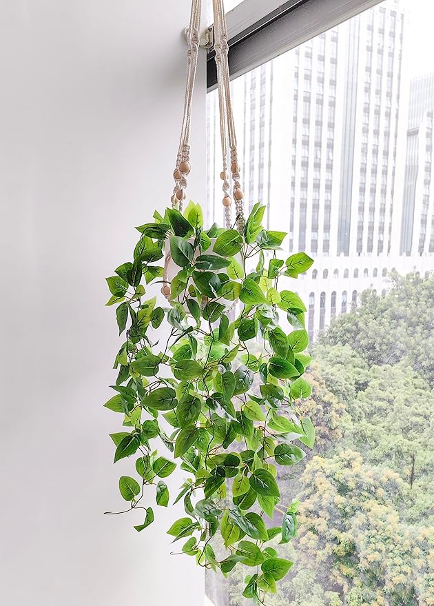Comtelek 2 Packs Fake Hanging Plant with Pots for Home Decor Artificial Hanging Basket Plants Macrame Plant Hanger with Faux Vines Greenery for Bedroom Bathroom Room Wall Boho Decor Indoor Outdoor
