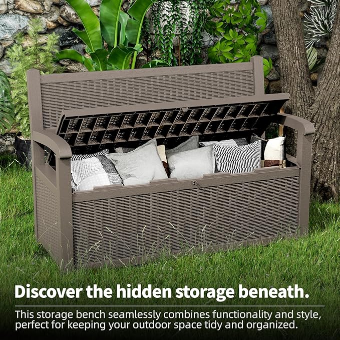 DRATO 75 Gallon Storage Bench Deck Box Outdoor Indoor,Lockable Durable All-Weather Seating with Hidden Storage,Deck Storage for Garden, Pool, Patio,Gray