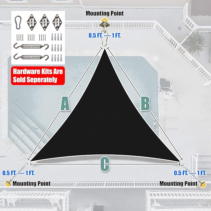 Amgo Custom Size 23' x 23' x 23' Black Triangle Sun Shade Sail Order to Make Canopy Awning UPF50+ AGSLT, 95% UV Blockage, Water & Air Permeable, 200GSM Commercial Standard (We Customize)