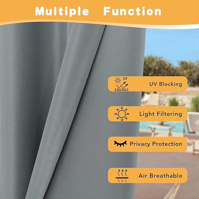 HolidayIdeas Extra Wide Outdoor Curtains for Patio Waterproof, 2 Panels - 110 x 84 Inch - Privacy & Light Filtering Curtains Grommet Outside Curtains for Porch, Gazebo, Pergola, Backyard (Grey)