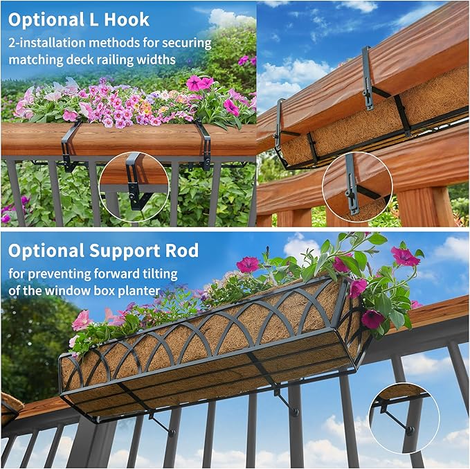 30 Inch Window Deck with Coco Liner, Fence Metal Hanging Flower Planter Window Basket Deck Railing Planter Boxes for Outdoor Garden Lawn，30" Window Boxes Horse Trough with Coconut Coir Liner, 4pcs