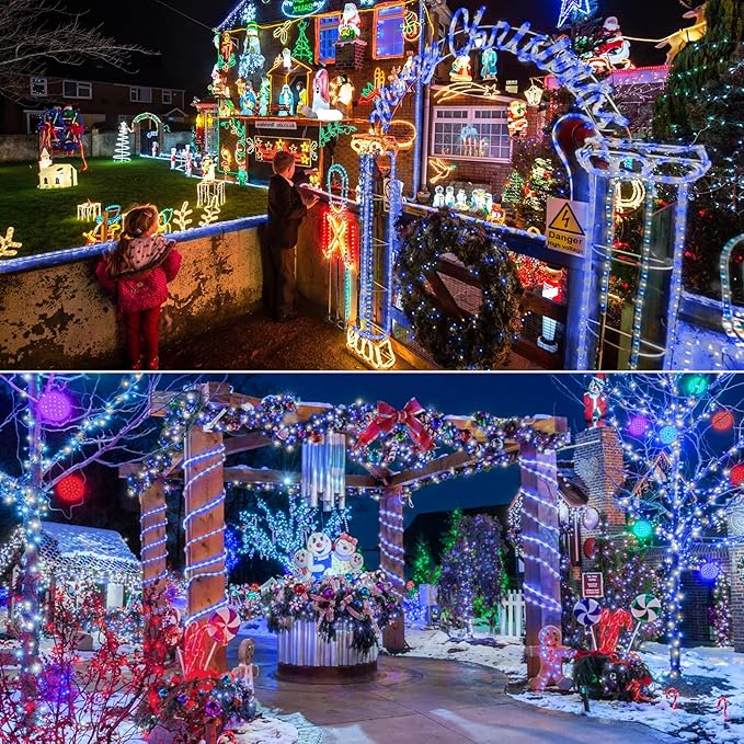 50ft LED Rope Lights Outdoor, 360 LED Connectable and Flexible Tube Lights with 8 Modes, Waterproof LED Rope Lighting for Garden Patio Bedroom Party Pool Indoor Outdoor Christmas Decor (White & Blue)