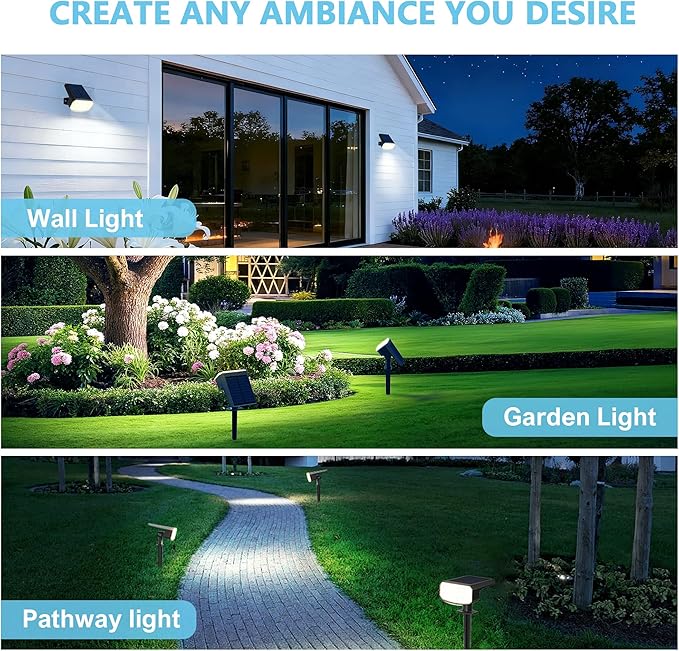Solar Lights Outdoor Waterproof IP65, Super Bright LED, Cool Light 2 Lighting Modes Selectable, Solar Powered Yard Garden Solar Spot Lights for Outside Landscape Auto On/Off -2 Pack
