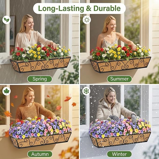 Y&M 30 Inch Window Deck with Coco Liner, Fence Metal Hanging Flower Planter Window Basket Deck Railing Planter Boxes for Outdoor Garden Lawn-Butterfly, 6pcs