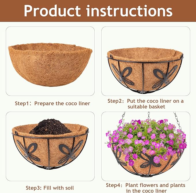 Hanging Baskets Planter for Plants, 2 Pack 10 Inch Round Metal Wire Hanging Flower Pots with Coco Coir Liner Chain, Plant Holder for Home Garden Balcony Decor