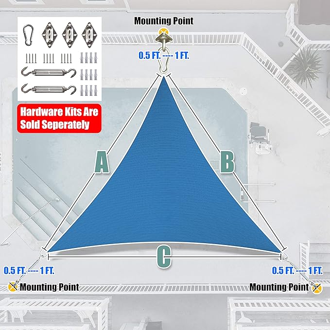 Amgo Custom Size 18' x 18' x 18' Blue Triangle Sun Shade Sail UPF50+ AGTAPRT12, Order to Make Canopy Awning, 95% UV Blockage, Water & Air Permeable, Commercial Standard (We Customize)