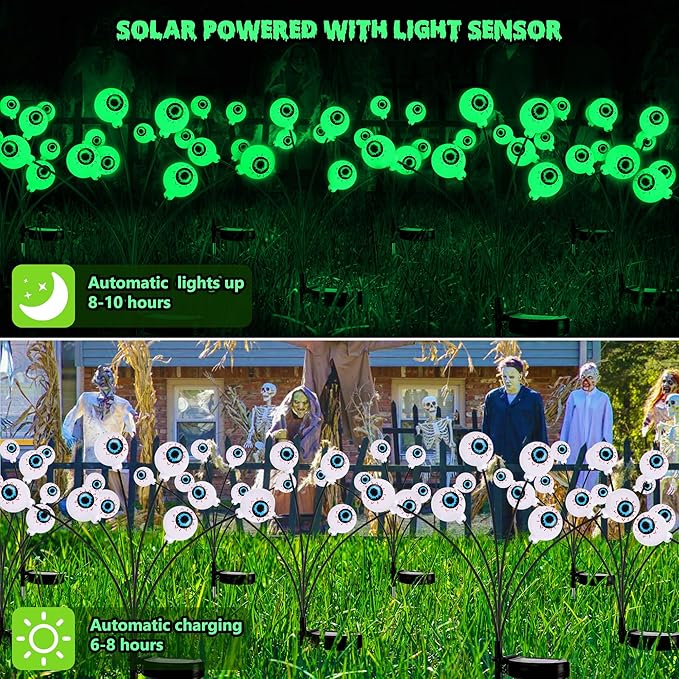 BrizLabs 8 Pack 48 LED Halloween Solar Lights, 2 Modes Outdoor Halloween Eyeball Pathway Lights, Solar Spooky Light Waterproof, Green Swaying Firefly Lighting for Path Yard Garden Lawn