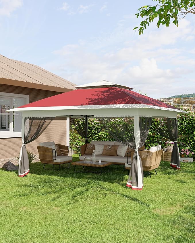 Canopy Tent 12x12 ft, Pop Up Gazebo One-Push Setup with 4 SandBags for Backyard Parties and BBQs, Mosquito Netting & Height Adjustable - Red