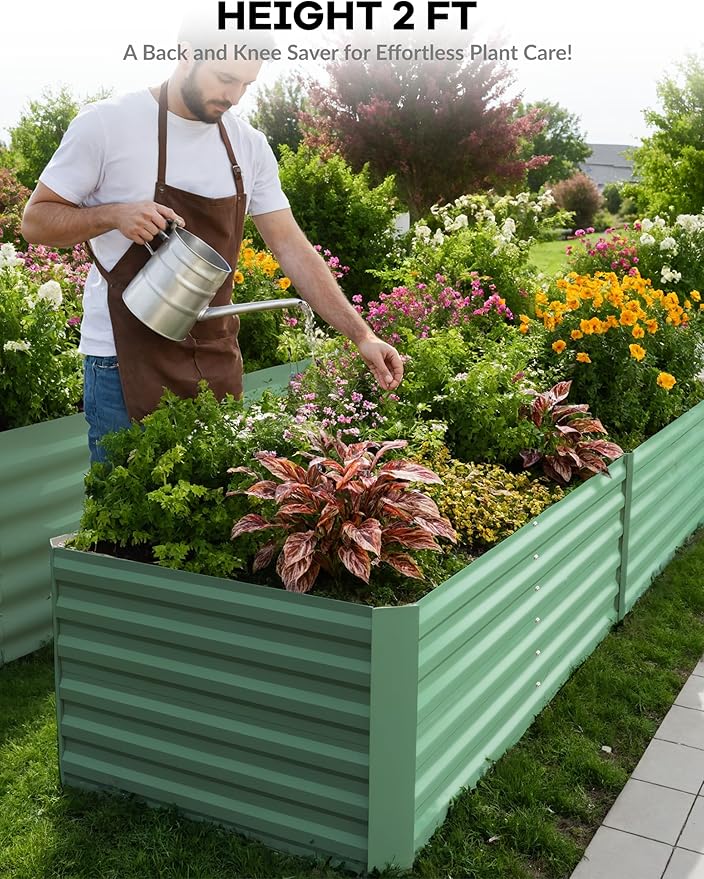 GarveeLife 8x4x2 ft Galvanized Raised Garden Bed, 24" Tall Metal Planter Box for Flowers Vegetables, Rust-Resistant Raised Garden Beds for Gardening, Easy Assembly Outdoor Garden Box & Planters,Green