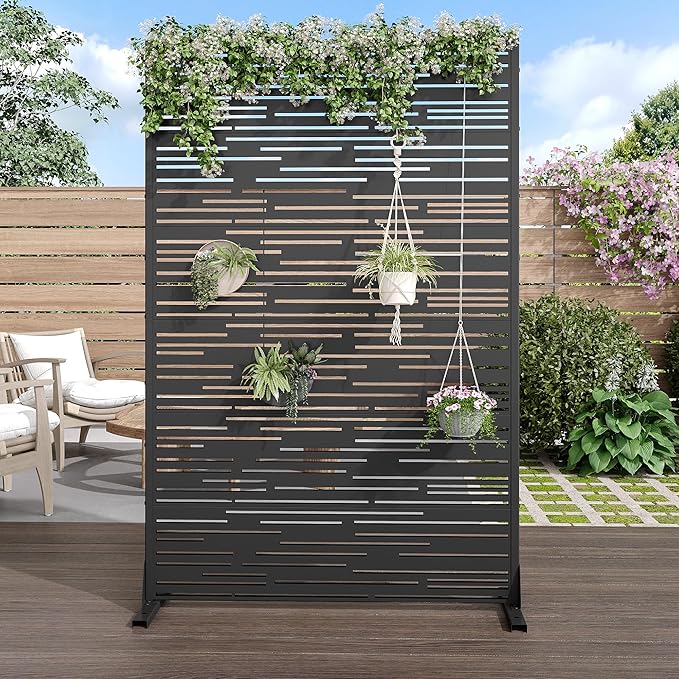 Casaphoria Metal Privacy Screen Outdoor, 72" H x 47" W Freestanding Decorative Privacy Screen for Patio Deck Balcony Garden with Stable Base, Shine Black