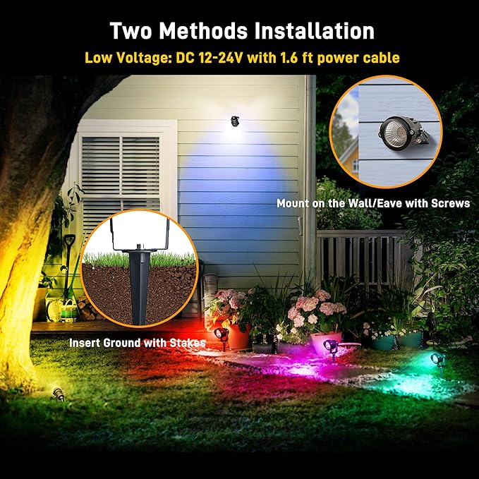 Christmas Landscape Lights 12W RGBW Outdoor Spot Lights for Yard, Low Voltage LED Landscape Spotlight with Remote Control, IP65 Waterproof Yard Spotlgiht for Lawn, Garden, 6 Pack