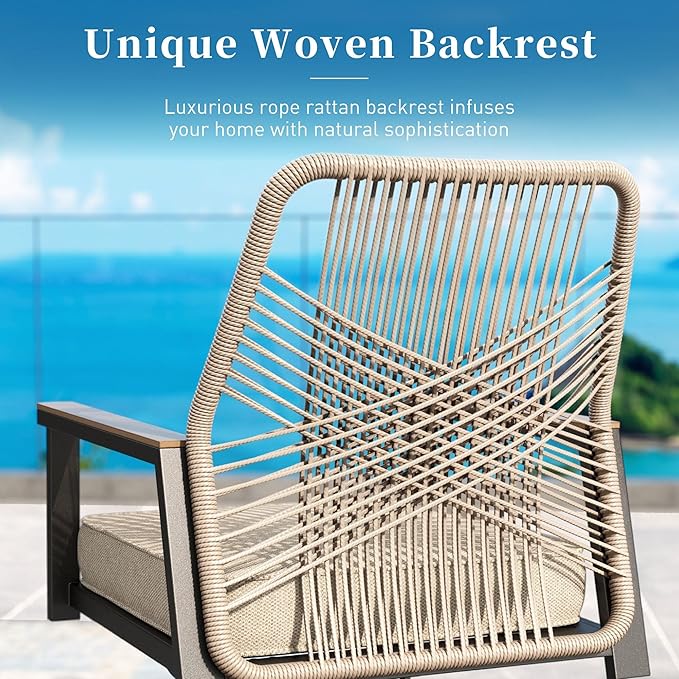 Patio Dining Set 7 Piece, 4 Woven Rattan Fixed Chairs and 2 Swivel Chairs with Waterproof Cushion, 59" Rectangular Metal Table with Umbrella Hole, Outdoor Table Set for Backyard Lawn Deck, Beige