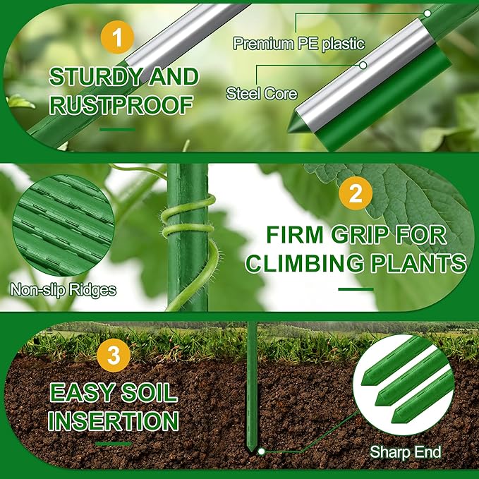 WAENLIR 16 Inch 72 Pack Extendable Garden Stakes Kit, DIY 4ft 5ft 6ft 7ft 8ft Plant Support Stakes with Connectors and Clips, Plastic Coated Metal Sticks for Tomato Indoor Outdoor