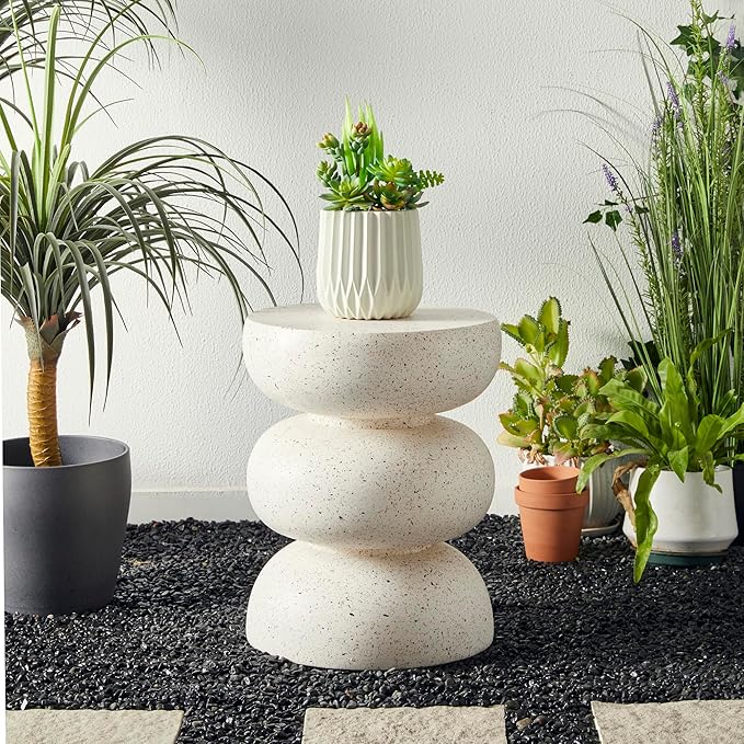 Glitzhome Outdoor Side Table Set of 2, 18" H Decorative Garden Stool MgO Faux Terrazzo End Table, Heavy Duty Indoor Outdoor Round Planter Stand for Living Room Bedroom Patio Deck Poolside,White