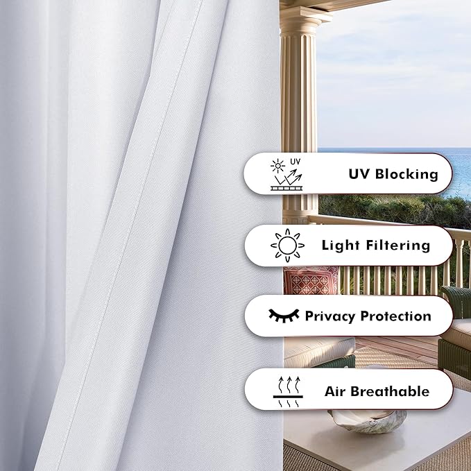 BONZER Outdoor Curtains for Patio Water Resistant Heavy Privacy Light Filtering Grommet Outside Curtains for Porch, Pergola, Gazebo, 1 Panel, 54W x 108L inch, White