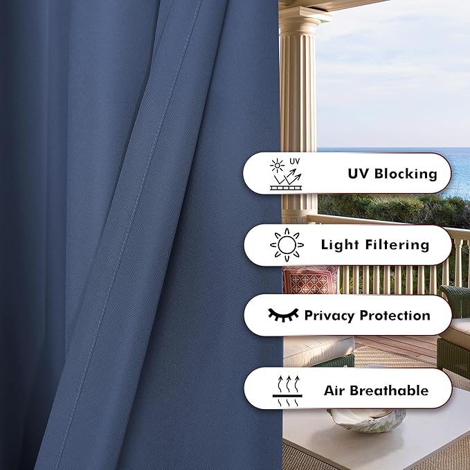 BONZER Outdoor Curtains for Patio Waterproof Thick Privacy Wide Grommet Light Filtering Outside Curtains for Porch Pergola Gazebo Deck, 1 Panel, 110W x 95L inch, Navy