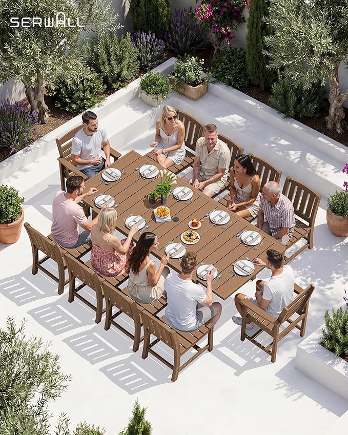 SERWALL Outdoor Expandable Dining Table 60" - 83", Patio Dining Table for 4-10 People, All Weather HDPE and Aluminum Outdoor Furniture for Backyard, Garden, Brown