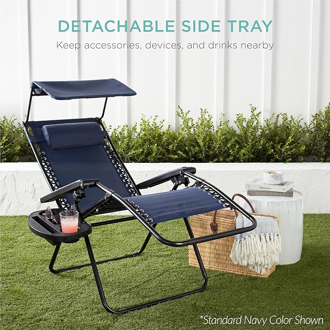 Best Choice Products 30” Wide Folding Zero Gravity Outdoor Recliner Patio Lounge Chair w/Adjustable Canopy Shade, Headrest, Side Accessory Tray - Gray