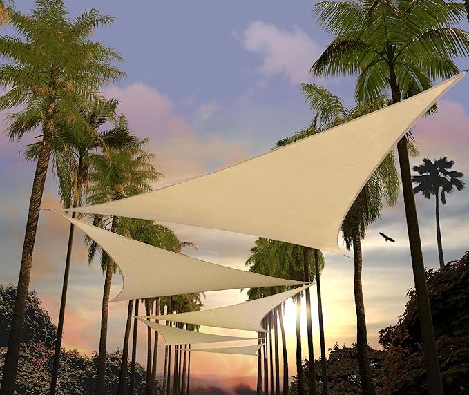 Amgo Custom Size 21' x 21' x 21' Beige Triangle Sun Shade Sail Order to Make Canopy Awning UPF50+ AGSLT, 95% UV Blockage, Water & Air Permeable, 200GSM Commercial Standard (We Customize)