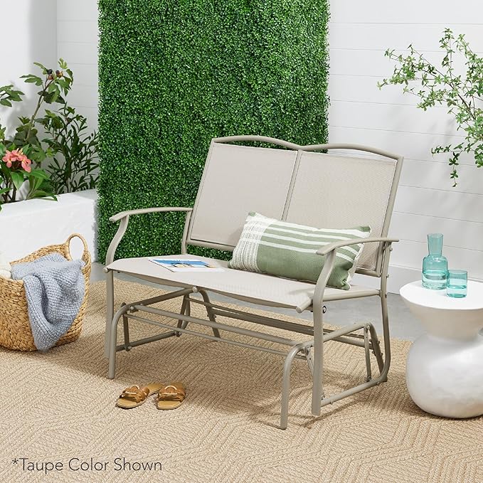 Best Choice Products 2-Person Outdoor Patio Swing Glider Steel Bench Loveseat Rocker for Deck, Porch w/Textilene Fabric, Steel Frame - Forest Green/Brown