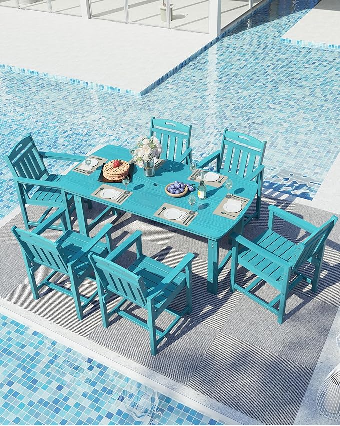 Ciokea HDPE Outdoor Dining Table with Umbrella Hole,66" Rectangle Patio Table for 6,All-Weather Outdoor Patio Furniture Set for Garden Backyard, Lake Blue