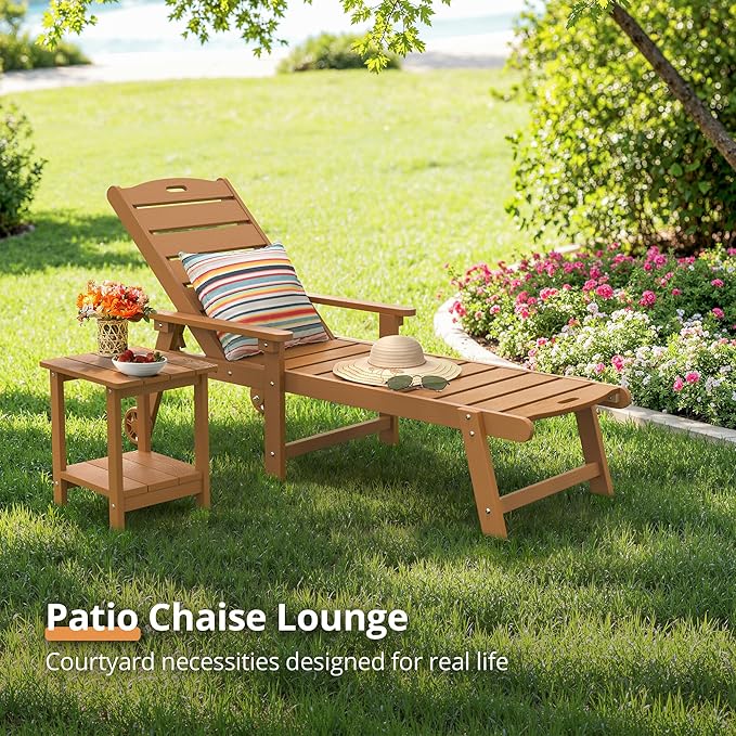 LUE BONA Outdoor Chaise Lounge, HDPS Chaise Lounger, 5 Positions Adjustable Lounge Chairs, Pool Lounge Chair with Wheels for Poolside, Backyard, Teak Color