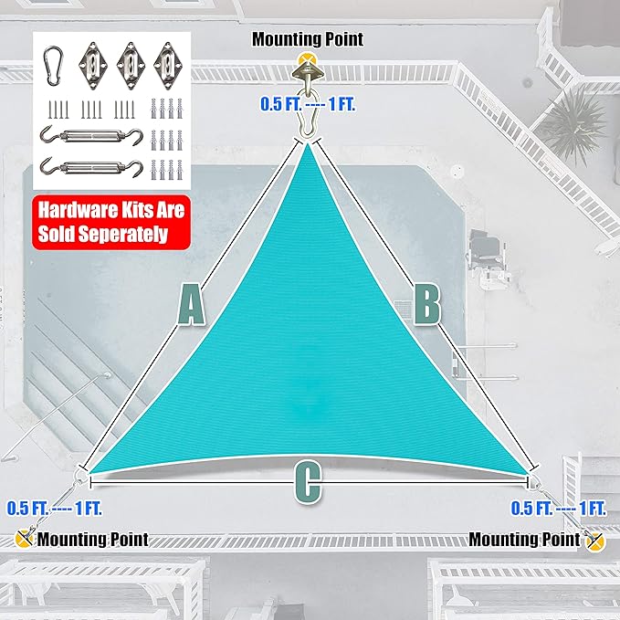 Amgo Custom Size 10' x 10' x 10' Turquoise Triangle Sun Shade Sail UPF50+ AGTAPRT12, Order to Make Canopy Awning, 95% UV Blockage, Water & Air Permeable, Commercial Standard (We Customize)