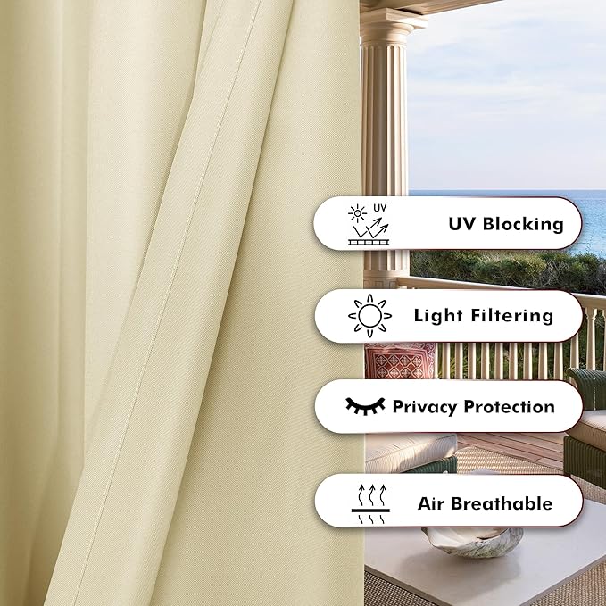 BONZER Waterproof Outdoor Curtains for Patio Porch Pergola Cabana Light Filtering Privacy Grommet Indoor Curtain Panels for Bedroom Living Room, 1 Panel, 84W x 84L inch, Cream