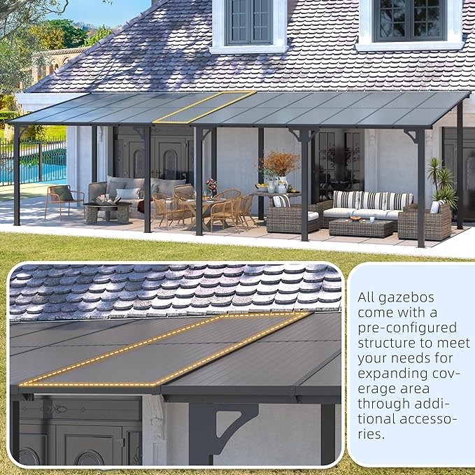 AECOJOY 14' x 10' Gazebo in White, Large Wall Mounted Gazebos on Clearance, Outdoor Patio Lean to Gazebo Metal Awnings for Decks, Patio, Porch, Backyard and More