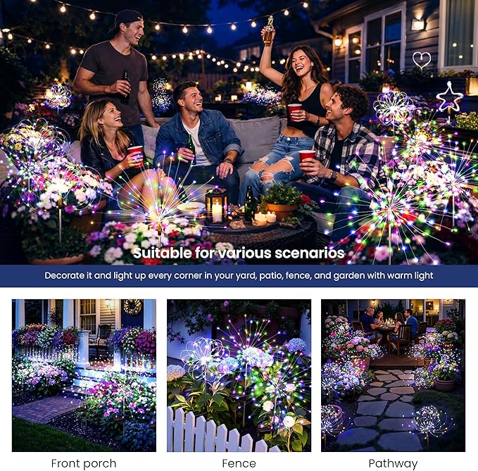 Solar Lights Outdoor, 120LED 6pack Fairy Garden Lights Decor for Outside Fireworks Lights Solar Powered for Yard, Patio, Pathway, Walkway, Balcony,Multicolor
