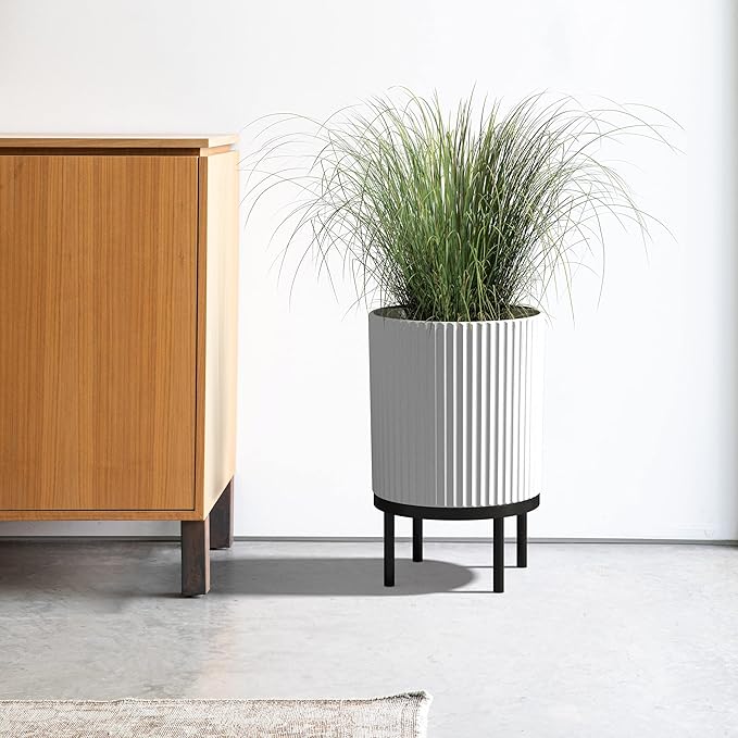 Veradek Demi Series Round Planter w/ Stand for Porch/Patio | Durable Plastic-Concrete & Wooden Stand | Modern Décor for Tall Plants, Flowers