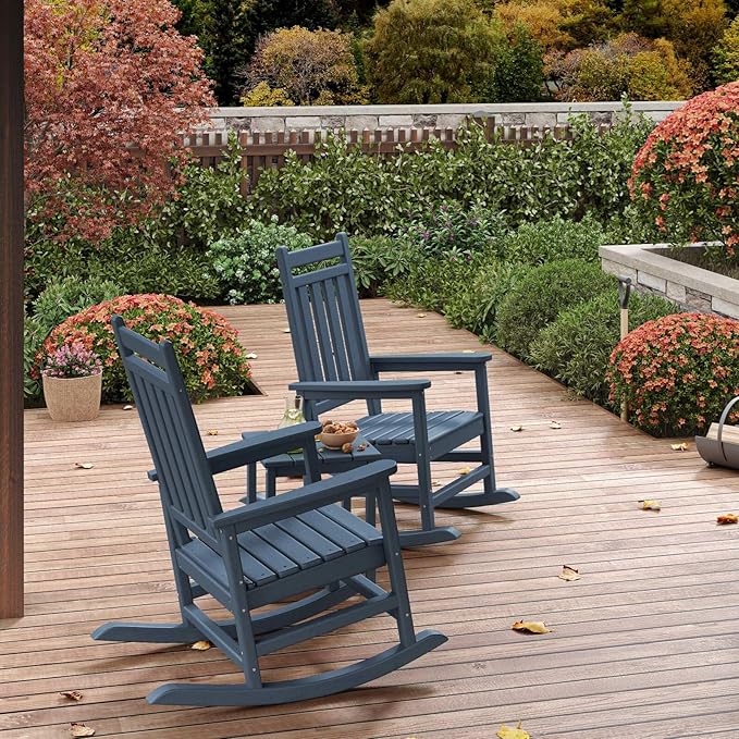 HDPE Rocking Chair Outdoor Set of 2 with Side Table - Poly High Back Porch Rocker Chairs for Adults - All Weather Resistant Furniture for Patio Front Porch - Navy Blue