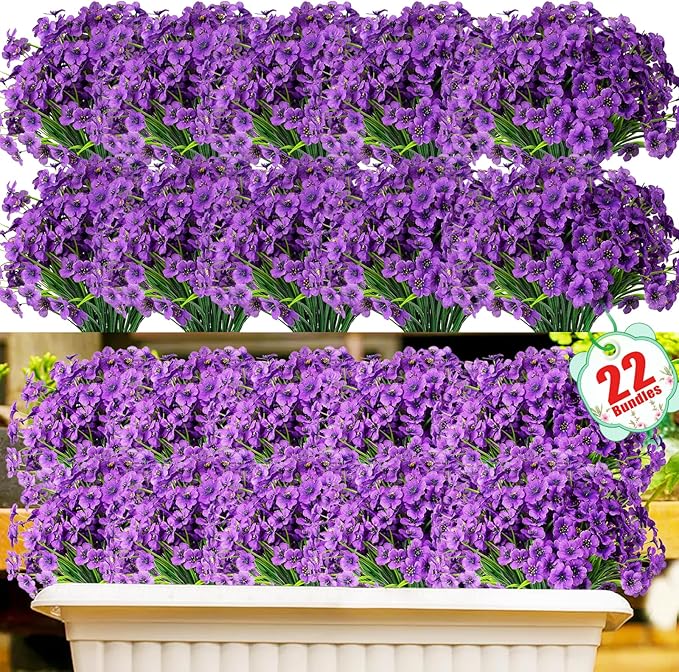 22 Bundles Artificial Flowers Outdoor, Faux Flowers UV Resistant with Plastic Plants, Faux Silk Flowers for Outdoors Outside Front Porch Hanging Planter Window Box Garden Decoration